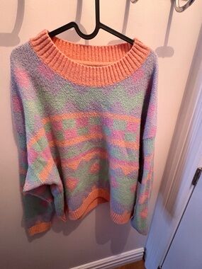 Pastel Chevron & Checker Knit Crewneck Sweater - Peach, Lavender & Mint